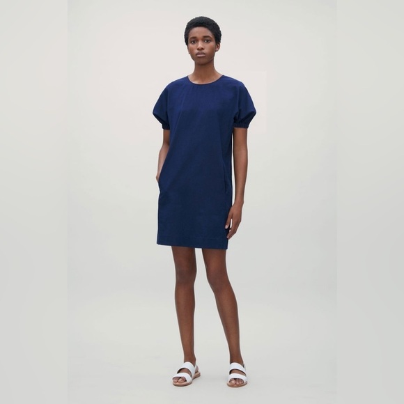COS Gathered Kimono Sleeve Blue Cotton Dress Size 2